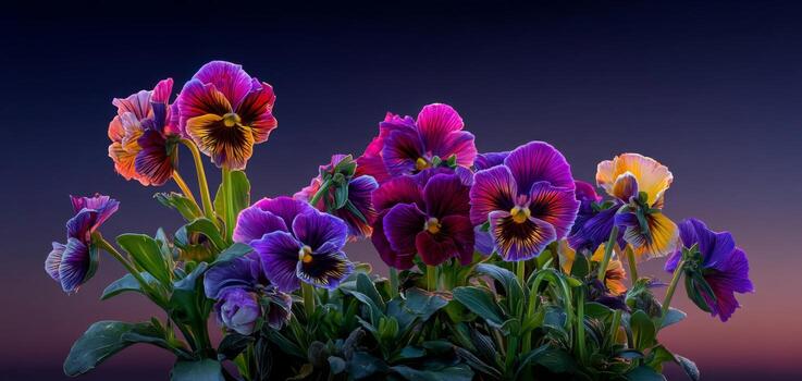 Vibrant Pansies in Bloom with Colorful Petals Against a Soft Gradient Background at Sunset photo