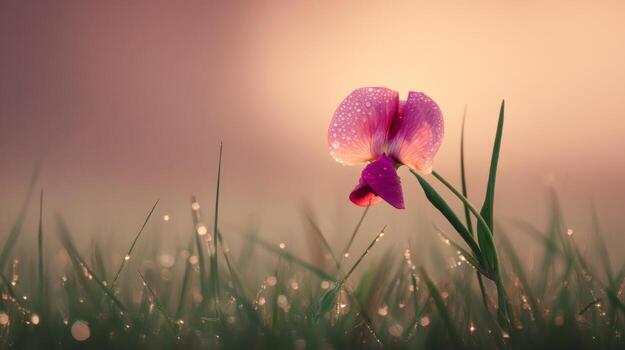 Delicate Purple Orchid Flower with Dew Drops on Green Grass at Sunrise with Soft Background Lighting and Bokeh Effect photo