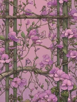 Delicate Floral Pattern with Soft Pink Background and Intricate Vine Details Featuring a Bird Sitting Amidst Blossoms photo