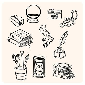 Set of Hand-Drawn Education and Art Objects. vector