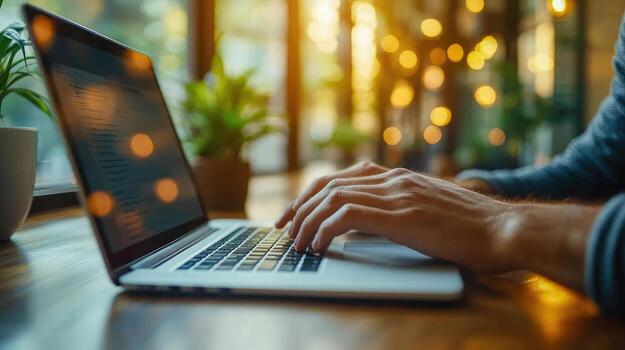 A person typing on a laptop computer with a window in the background photo