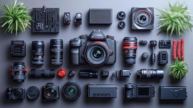 A collection of camera equipment on a gray surface photo