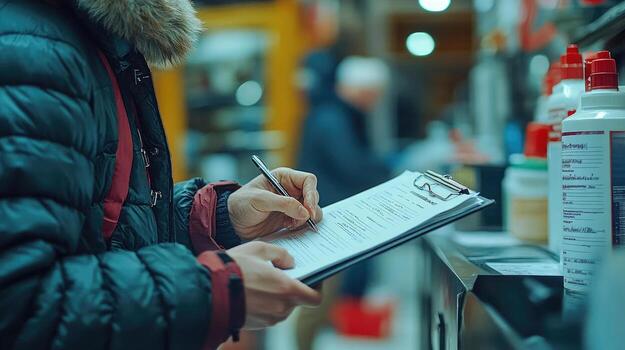A person is writing on a clipboard while standing in front of a counter photo