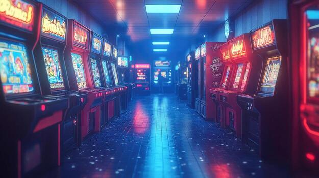 A long hallway with many arcade machines background photo
