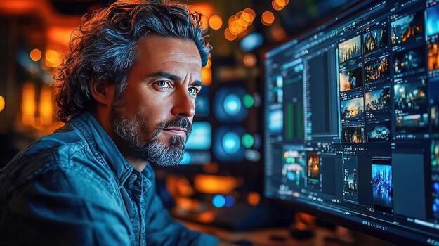 A man in front of a computer screen with many different images photo