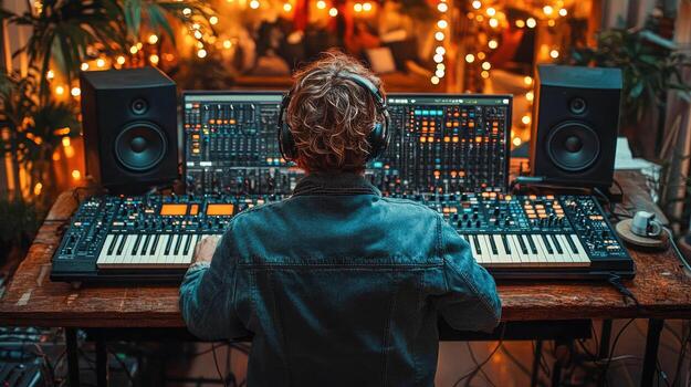 A man is sitting at a table with a keyboard and a mixer photo