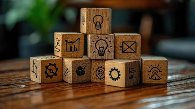 Stacked Wooden Blocks with Business Icons Innovation, Strategy, Communication, Data Analysis, and Teamwork on a Polished Wood Surface photo