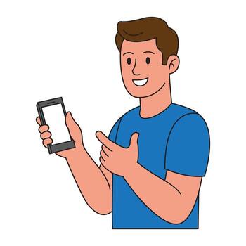 Smiling person holding smartphone and pointing at device screen with insight vector