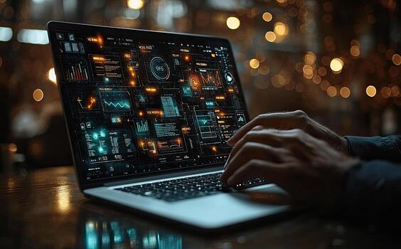 Laptop Screen Displaying Complex Data, Hands Typing, Blurred Background Bokeh, Business, Technology, Finance, Coding photo