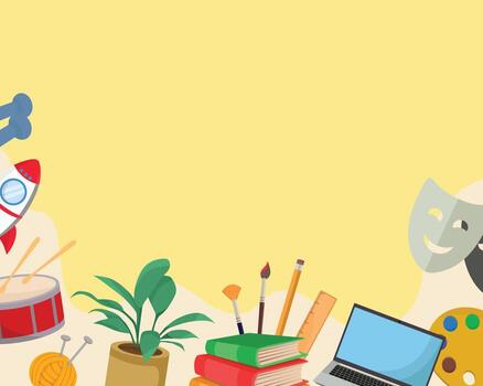 pasatiempo o después del colegio actividad programa antecedentes libros ordenador portátil cohete teatro máscara color paleta vector