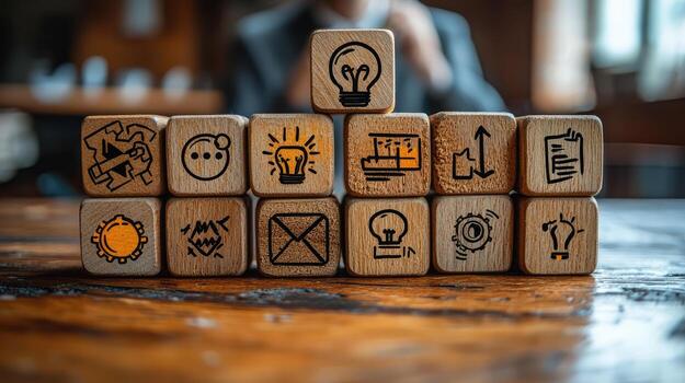 Wooden Blocks Tower with Idea Icons for Business Innovation, Problem Solving, Strategy, and Creative Thinking photo