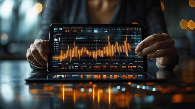 Stock Market Analysis on Tablet Device Held by Trader, Investment Charts and Data Visualization Screen photo