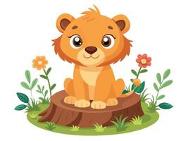 Cute lion cub sitting on a tree stump isolated on white background vector