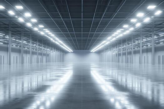 Vast empty hall illuminated by rows of lights reflects on the floor surface photo