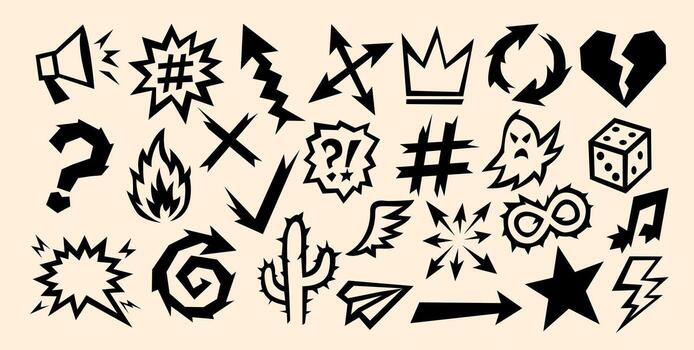 Effect element comic icon appears in cartoon style, where a cute line sketch forms bold graphic symbols. Effect element comic set shows arrows, dice, ghost, infinity, cactus and fire signs. vector