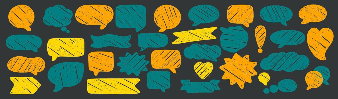Crayon talk speech text frame box hand drawn doodle set. Crayon talk comic illustration with sketch bubble shapes, cartoon chat design, dialog label, texture sign and color bg elements. vector