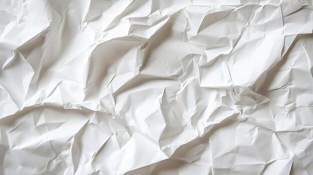 White crumpled paper with deep shadows showcases an intricate and abstract textured pattern photo