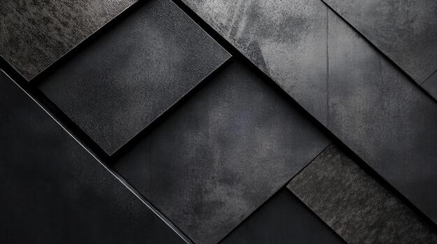 Geometric arrangement shows various dark tiles with different textures and patterns, creating a modern artwork photo