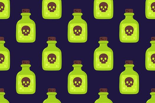Seamless pattern with toxic green potion bottles with skull symbol. Dangerous Halloween design vector