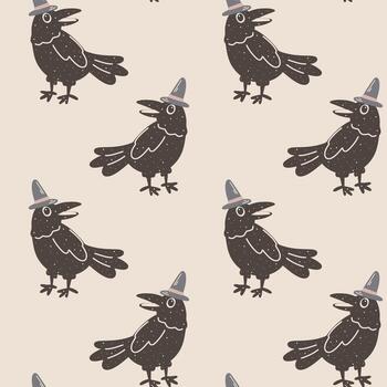 sin costura modelo con linda negro cuervo vistiendo mago sombrero, dibujos animados ilustración para Víspera de Todos los Santos, niños textil, envase papel, tela diseño, otoño decoración vector