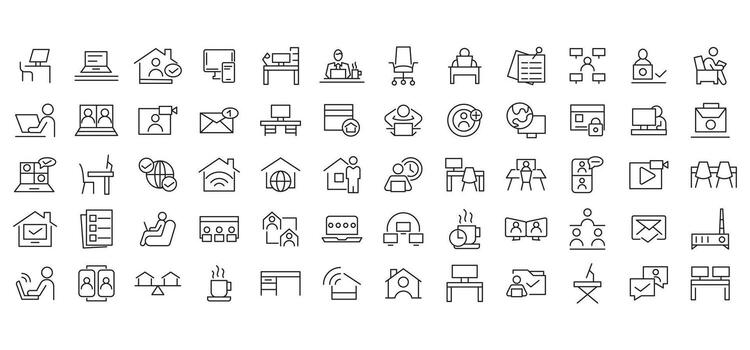 Work from home linear icon set. Contains such Icons as a freelancer, conference, hybrid work, digital nomad, and remote work outline icon pack vector