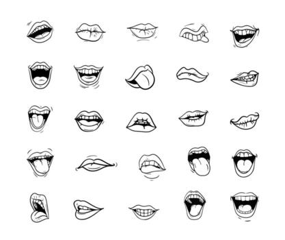 conjunto de boca expresión garabatear ilustración en juguetón bosquejo estilo ideal para emoji creación pegatinas y social medios de comunicación gráficos vector
