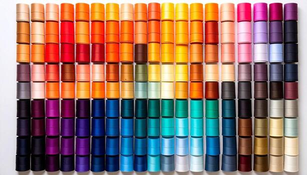 cinta arco iris un vistoso formación de tejido textil rollos arreglado en un ordenado y ordenado monitor foto