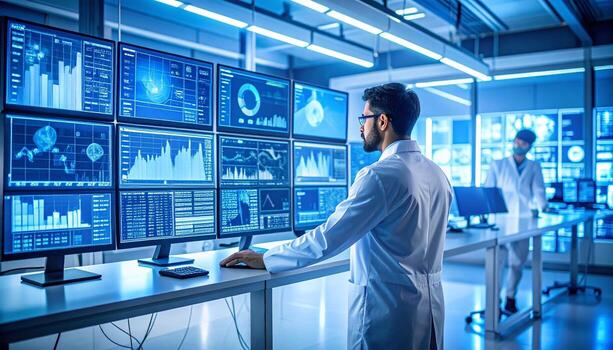 Scientist Analyzing Data on Multiple Computer Screens in a Modern Laboratory Setting photo