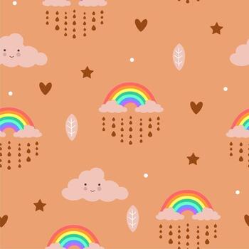 sin costura modelo con dibujado a mano arcoiris y nubes vector