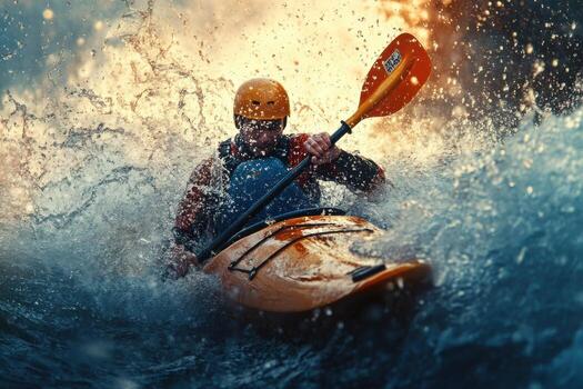 A man in a kayak riding through a wave photo