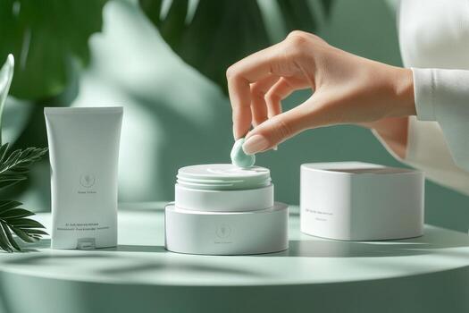 A woman is putting a cream into a container photo