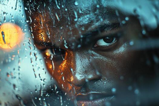 A man looking through a rain - soaked window photo