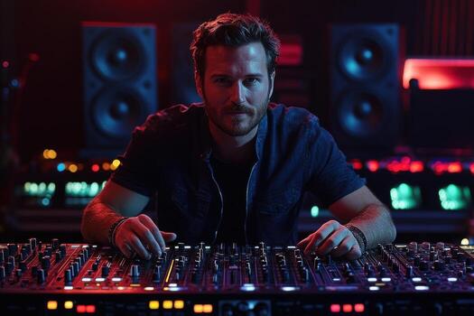 A man sitting at a mixing board in a music studio photo