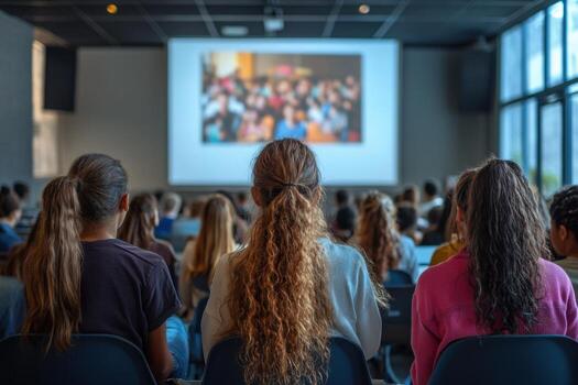 A group of people sitting in chairs watching a presentation photo
