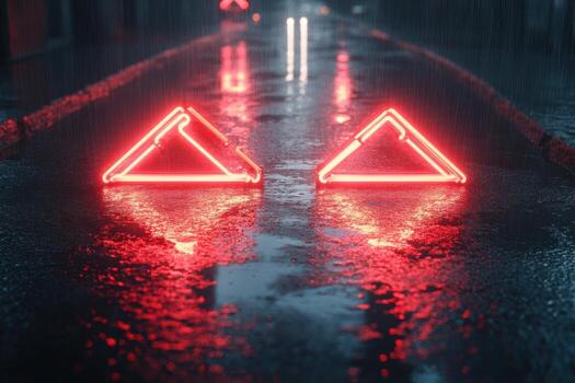 Two red triangles on a wet road in the rain photo