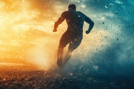 A man running in the sand with a sun in the background photo