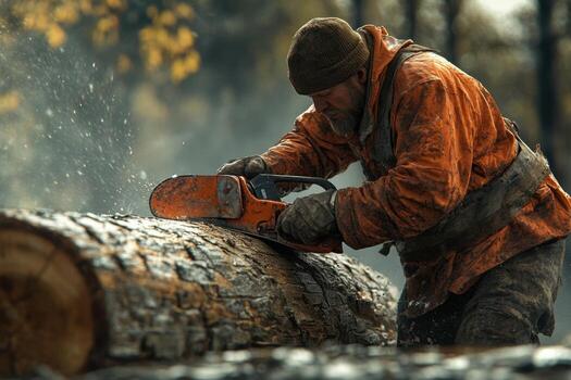 A man is cutting a log with a chainsaw photo