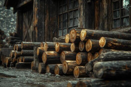 A pile of logs sitting outside of a building photo