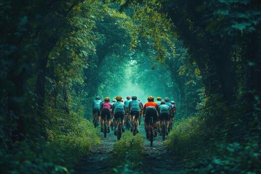 Cyclists riding through a forest on a trail photo