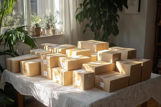 A table covered with boxes of different sizes photo