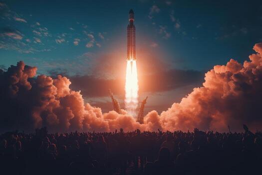 Spacex rocket launch with crowd in background photo