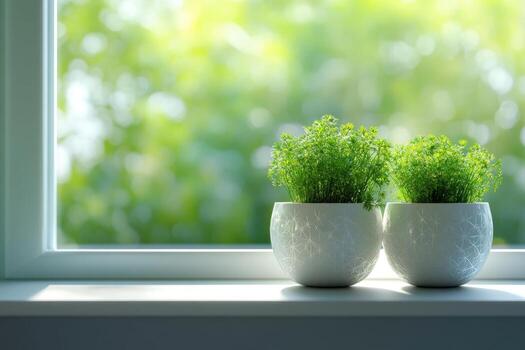 Two white pots with plants on a window sill photo