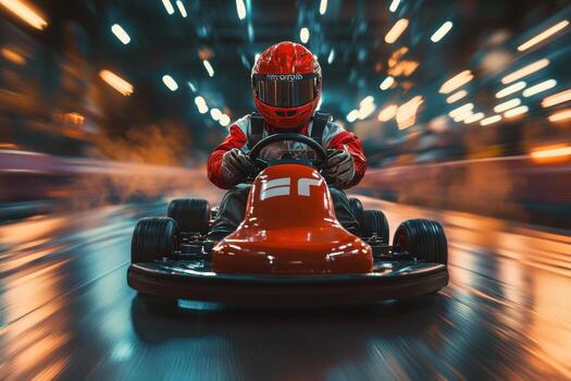 A man in a red helmet driving a go kart photo