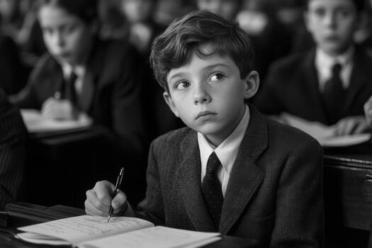 A black and white photo of a boy in a classroom
