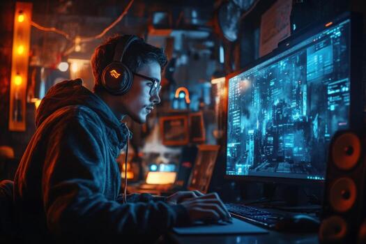 A man wearing headphones is playing a game on a computer screen photo