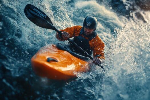 A man in an orange kayak riding on a wave photo