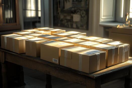 A table with boxes on it photo