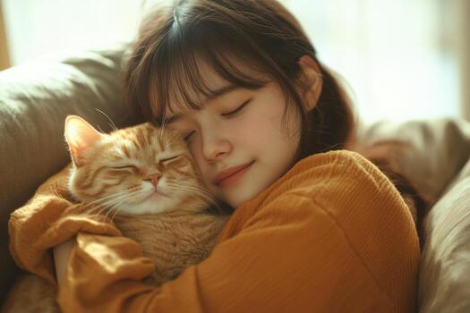A woman is hugging a cat on a couch photo