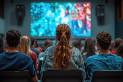 A group of people sitting in front of a screen watching a movie photo