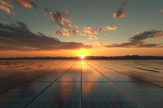 A solar panel array at sunset photo